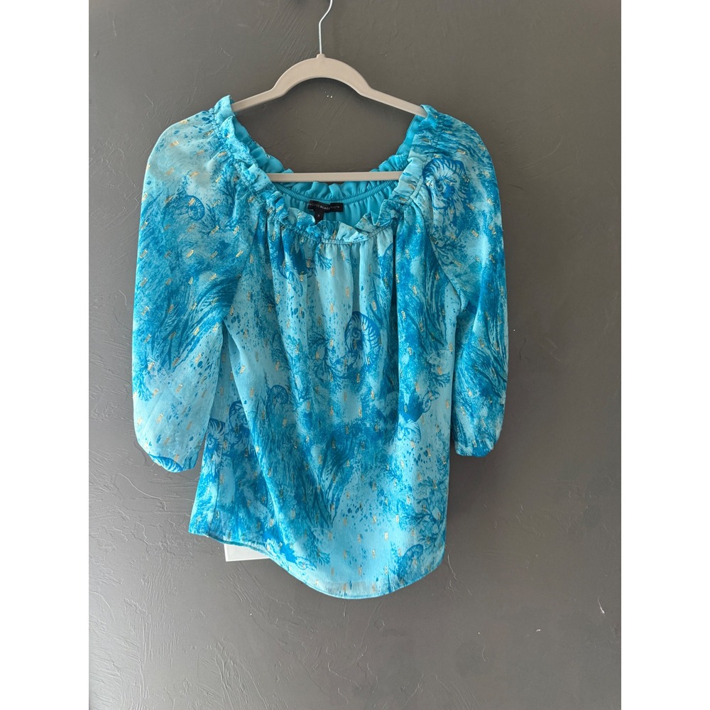 White House Black Market Blue Gold Foil Nautical Shell Peasant Blouse Small